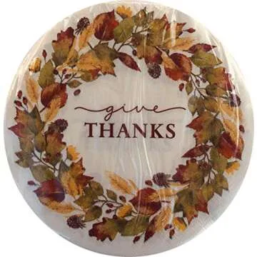Give Thanks - Thanksgiving Paper Plates Dinnerware Set of 4, Bundle Includes Service for 20 Guests: 20 Large Plates, 20 Dessert Plates, 50 Dessert Napkins and 50 Round Napkins.