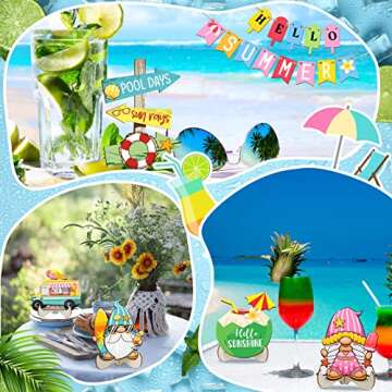 21 Pcs Summer Hawaii Tiered Tray Decor Sign Pool Summer Farmhouse Decor Rustic Beachy Decor Wooden Summer Home Decorations Including Gnome Beaded Garland for Home Kitchen Shelf Table (Hawaii Style)