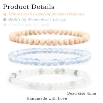 NCB 3-Piece 4mm Natural Crystal Gemstone Stretch Bracelets – ﻿Opalite, Tianshan Jade, White Foss...