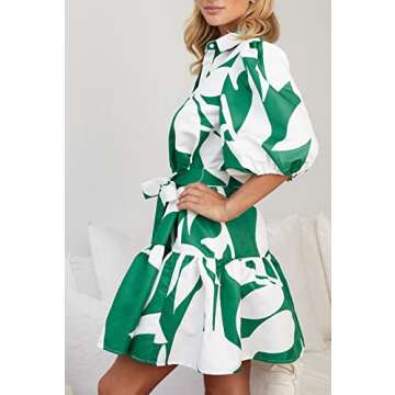 futurino Women Single Breasted A-line Dress, Floral Printed Boho Style Lantern Short Sleeve with Belt Summer Dress