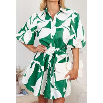 futurino Women Single Breasted A-line Dress, Floral Printed Boho Style Lantern Short Sleeve with Belt Summer Dress