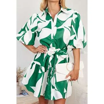 futurino Women Single Breasted A-line Dress, Floral Printed Boho Style Lantern Short Sleeve with Belt Summer Dress