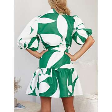 futurino Women Single Breasted A-line Dress, Floral Printed Boho Style Lantern Short Sleeve with Belt Summer Dress