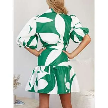 futurino Women Single Breasted A-line Dress, Floral Printed Boho Style Lantern Short Sleeve with Belt Summer Dress