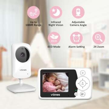 VTimes Baby Monitor with Camera and Audio, Video Baby Monitor No WiFi Night Vision, 2.4" LCD Screen Portable Baby Camera VOX Temperature Sensor Lullaby Alarm 1000ft Range, Ideal for Baby/Elderly/Pet