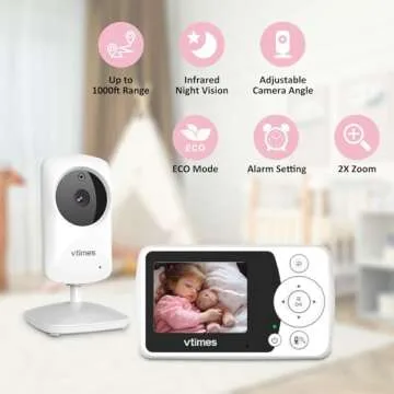 VTimes Baby Monitor with Camera and Audio, Video Baby Monitor No WiFi Night Vision, 2.4" LCD Screen Portable Baby Camera VOX Temperature Sensor Lullaby Alarm 1000ft Range, Ideal for Baby/Elderly/Pet