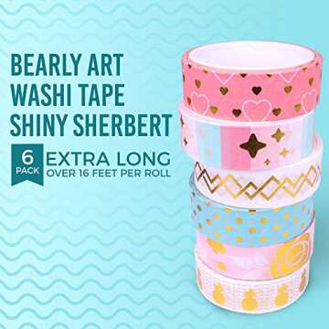 Bearly Art Washi Tape - Shiny Sherbert - Foil Decorative Tape Set for DIY Crafts - Scrapbooking and Paper Crafts - 6 Styles Extra Long Rolls - 15mm Wide and 5m Long