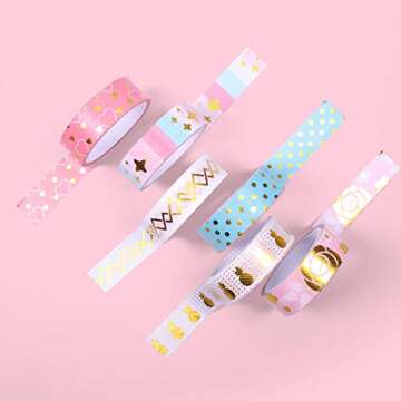 Bearly Art Washi Tape - Shiny Sherbert - Foil Decorative Tape Set for DIY Crafts - Scrapbooking and Paper Crafts - 6 Styles Extra Long Rolls - 15mm Wide and 5m Long