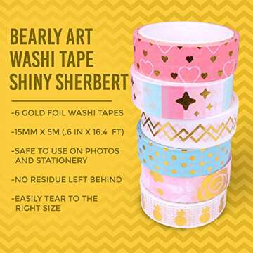 Bearly Art Washi Tape - Shiny Sherbert - Foil Decorative Tape Set for DIY Crafts - Scrapbooking and Paper Crafts - 6 Styles Extra Long Rolls - 15mm Wide and 5m Long