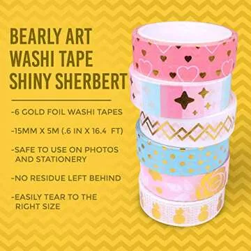 Bearly Art Washi Tape - Shiny Sherbert - Foil Decorative Tape Set for DIY Crafts - Scrapbooking and Paper Crafts - 6 Styles Extra Long Rolls - 15mm Wide and 5m Long