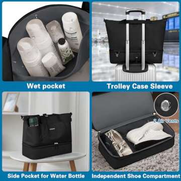 ETRONIK Expandable Weekender Bag for Women, Travel Duffel Bag with Shoe Compartment, Gym Bag with Wet Pocket, Carry On Tote Bag for Women Travel Airplanes 3Pcs Set, Black