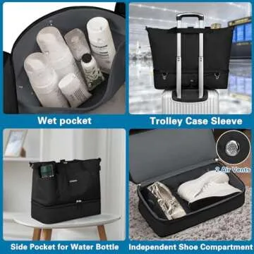 ETRONIK Expandable Weekender Bag for Women, Travel Duffel Bag with Shoe Compartment, Gym Bag with Wet Pocket, Carry On Tote Bag for Women Travel Airplanes 3Pcs Set, Black