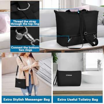 ETRONIK Expandable Weekender Bag for Women, Travel Duffel Bag with Shoe Compartment, Gym Bag with Wet Pocket, Carry On Tote Bag for Women Travel Airplanes 3Pcs Set, Black