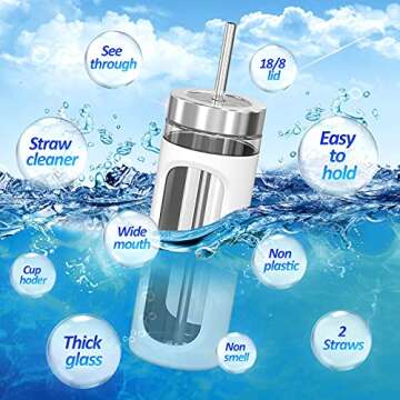 Kodrine Glass Tumbler with Straw and Lid 20oz Glass Water Bottle with Straw Silicone Protective Sleeve BPA FREE (White with Reusable Metal Straw)