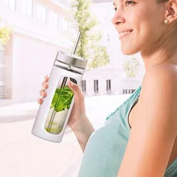 Kodrine Glass Tumbler with Straw and Lid 20oz Glass Water Bottle with Straw Silicone Protective Sleeve BPA FREE (White with Reusable Metal Straw)