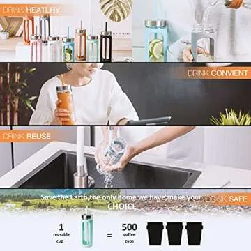 Kodrine Glass Tumbler with Straw and Lid 20oz Glass Water Bottle with Straw Silicone Protective Sleeve BPA FREE (White with Reusable Metal Straw)