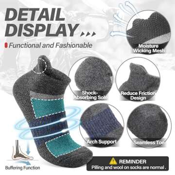 Anlisim Merino Wool Quarter Hiking Socks Compression Warm Thermal Winter Thick Cushion Running Moisture Wicking No Show Socks Gifts Stocking Stuffers for Women Men 6 Pairs(Grey,M)