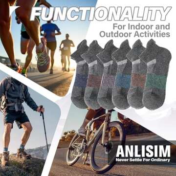 Anlisim Merino Wool Quarter Hiking Socks Compression Warm Thermal Winter Thick Cushion Running Moisture Wicking No Show Socks Gifts Stocking Stuffers for Women Men 6 Pairs(Grey,M)