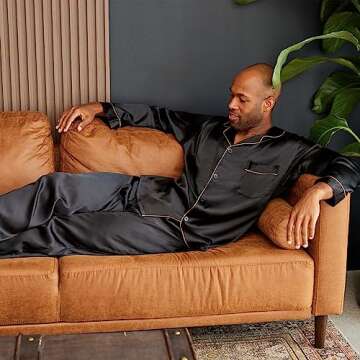 Alexander Del Rossa Mens Satin Pajamas Set, Satin Pajamas for Men, Silk PJs with Matching Sleep Mask Black with Gold Piping Small (A0752BLKSM)