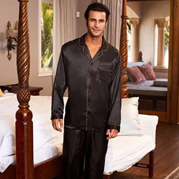 Alexander Del Rossa Mens Satin Pajamas Set, Satin Pajamas for Men, Silk PJs with Matching Sleep Mask Black with Gold Piping Small (A0752BLKSM)