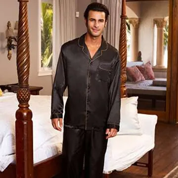 Alexander Del Rossa Mens Satin Pajamas Set, Satin Pajamas for Men, Silk PJs with Matching Sleep Mask Black with Gold Piping Small (A0752BLKSM)