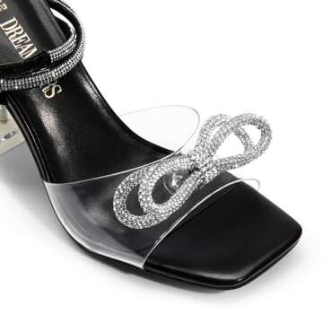 DREAM PAIRS Stiletto Bow Heels for Women Strappy Sparkly Rhinestone Square Toe Clear Crystal High Sa...