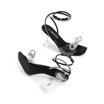 DREAM PAIRS Stiletto Bow Heels for Women Strappy Sparkly Rhinestone Square Toe Clear Crystal High Sandals for Party Wedding,Size 8,Black-Pu,SDHS2481W
