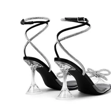DREAM PAIRS Stiletto Bow Heels for Women Strappy Sparkly Rhinestone Square Toe Clear Crystal High Sandals for Party Wedding,Size 8,Black-Pu,SDHS2481W