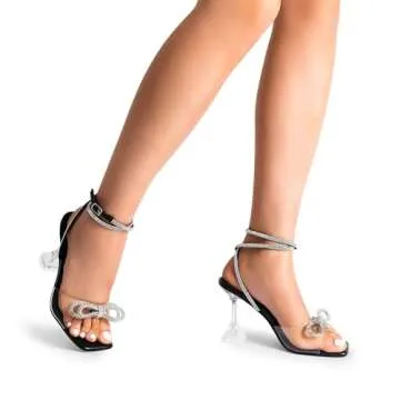 DREAM PAIRS Stiletto Bow Heels for Women Strappy Sparkly Rhinestone Square Toe Clear Crystal High Sandals for Party Wedding,Size 8,Black-Pu,SDHS2481W