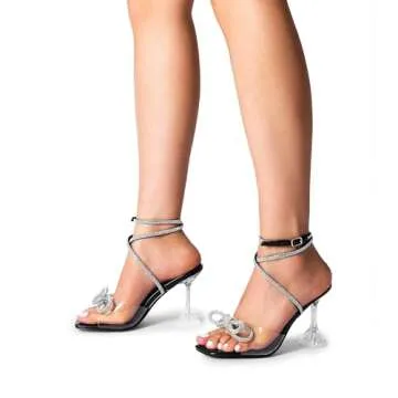 DREAM PAIRS Stiletto Bow Heels for Women Strappy Sparkly Rhinestone Square Toe Clear Crystal High Sandals for Party Wedding,Size 8,Black-Pu,SDHS2481W