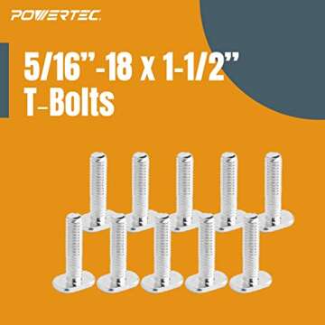 POWERTEC 71482 T-Track Knob Kit w/ 7-Star Knob, 5/16"-18 Threaded Bolts and Washers, 10 Pack, T Slot...