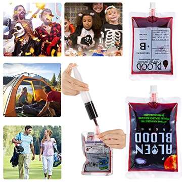 Halloween Blood Bags Party Supplies - 20 Halloween Drink Pouches + 2 Funnels Halloween Party Favors, Reusable Halloween Blood Bags Drink Bag for Vampire Zombie Costumes Props Party Decorations(5