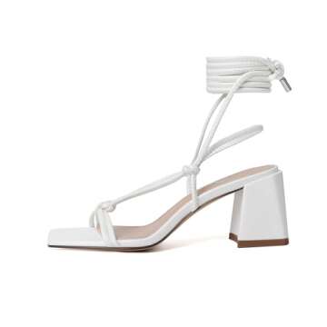 vivianly Women's Lace Up Chunky Heel Sandals Strappy Straps Ankle Wrap Heels White Size 9