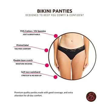 ESTEEZ Comfy Cotton Underwear Panties for Women with Lace Trim Bikini - Hipster - Hi Cut