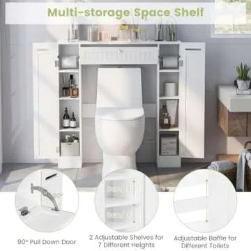 Giantex Over The Toilet Storage Cabinet with 2 Doors and Adjustable Shelves, Space-Saving Rack Bathroom Shelf with Paper Holder, Freestanding Bathroom Storage Over The Toilet for Small Space, White