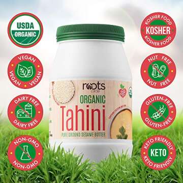 Roots Circle USDA Organic Tahini Paste | 100% Pure Creamy Ground Sesame Seed Paste for Hummus, Tahini Sauce & Dressing | Vegan, Kosher, Non-GMO, Gluten & Peanut-Free, Keto-Friendly | 2 Pack