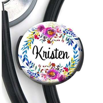 Personalized Stethoscope Tag - Elegant Watercolor Wreath for Healthcare Professionals