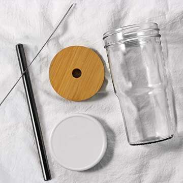 Xeiwagoo Reusable Boba Cup Smoothie Tumbler Glass Bubble Tea 2 Pack Wide Mouth 22oz Iced Coffee Glasse Cup with Bamboo Lid and Straw, Mason Jar Drinking Tumbler (Black Straw, 2)