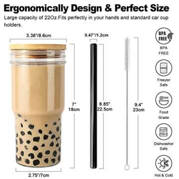 Xeiwagoo Reusable Boba Cup Smoothie Tumbler Glass Bubble Tea 2 Pack Wide Mouth 22oz Iced Coffee Glasse Cup with Bamboo Lid and Straw, Mason Jar Drinking Tumbler (Black Straw, 2)