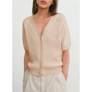 Dokotoo Ladies Summer Tops 2024 Trendy Cute V Neck Crop Hollow Out Casual Trendy Knit Button Down Sh...