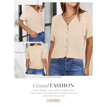 Dokotoo Ladies Summer Tops 2024 Trendy Cute V Neck Crop Hollow Out Casual Trendy Knit Button Down Shirts Lantern Sleeves Blouses Oversized Shackets,Beige Small