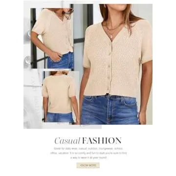 Dokotoo Ladies Summer Tops 2024 Trendy Cute V Neck Crop Hollow Out Casual Trendy Knit Button Down Shirts Lantern Sleeves Blouses Oversized Shackets,Beige Small