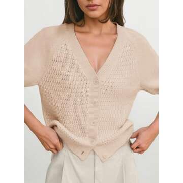 Dokotoo Ladies Summer Tops 2024 Trendy Cute V Neck Crop Hollow Out Casual Trendy Knit Button Down Shirts Lantern Sleeves Blouses Oversized Shackets,Beige Small