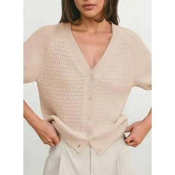 Dokotoo Ladies Summer Tops 2024 Trendy Cute V Neck Crop Hollow Out Casual Trendy Knit Button Down Shirts Lantern Sleeves Blouses Oversized Shackets,Beige Small