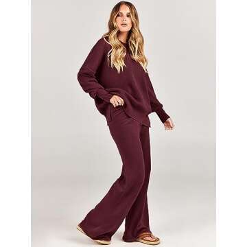 ANRABESS Women 2 Piece Outfits Oversized Chunky Knit Sweater Top Wide Leg Pants 2024 Fall Lounge Set Trendy Cozy Clothes Red Small