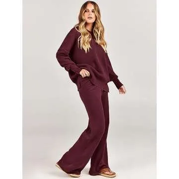 ANRABESS Women 2 Piece Outfits Oversized Chunky Knit Sweater Top Wide Leg Pants 2024 Fall Lounge Set Trendy Cozy Clothes Red Small