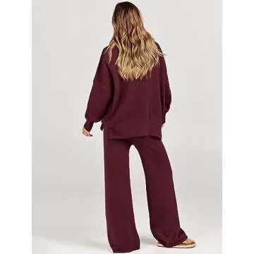 ANRABESS Women 2 Piece Outfits Oversized Chunky Knit Sweater Top Wide Leg Pants 2024 Fall Lounge Set Trendy Cozy Clothes Red Small