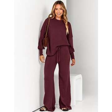 ANRABESS Women 2 Piece Outfits Oversized Chunky Knit Sweater Top Wide Leg Pants 2024 Fall Lounge Set Trendy Cozy Clothes Red Small