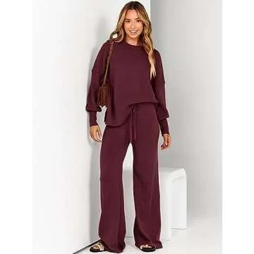 ANRABESS Women 2 Piece Outfits Oversized Chunky Knit Sweater Top Wide Leg Pants 2024 Fall Lounge Set Trendy Cozy Clothes Red Small