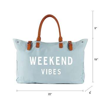 Beach Tote Bag for Women, Oversized Travel Tote Bag with Vegan Leather Handle, Weekend Vibes Blue